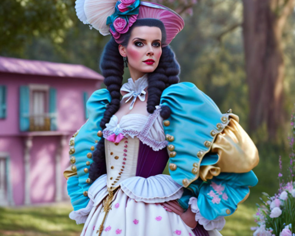 Elaborate baroque costume with wide-brimmed hat outdoors