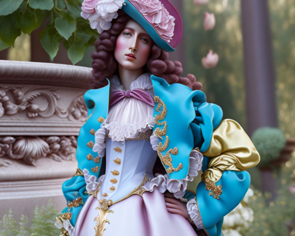 Elaborate Historical Costume Figure in Ornate Garden Setting