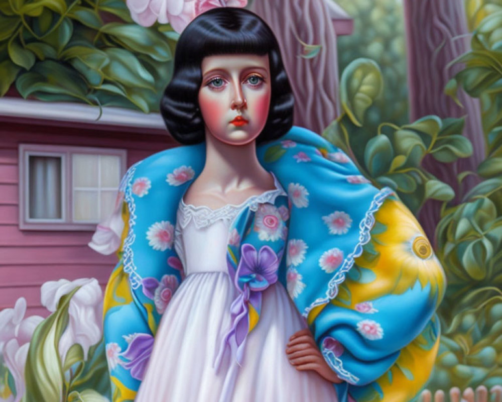 Surreal illustration of girl in white dress with blue shawl by pink house