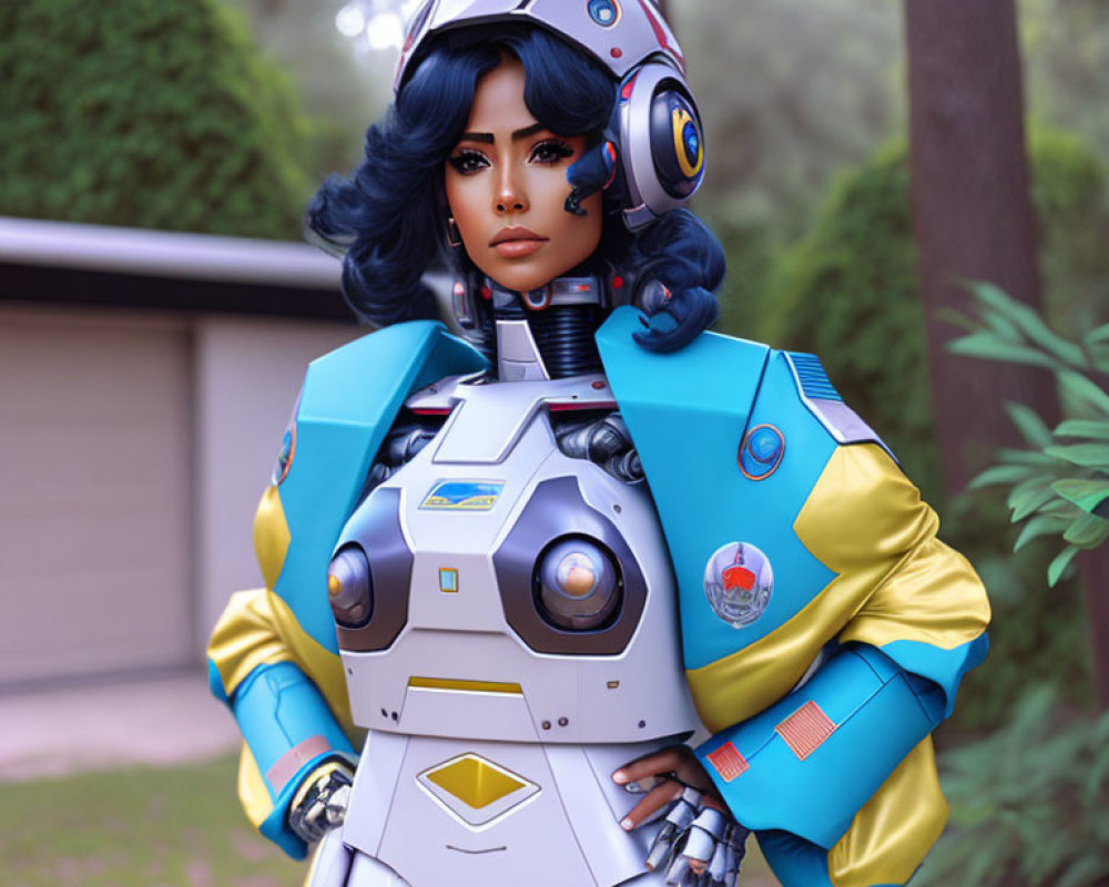 Futuristic blue and yellow Overwatch cosplay suit with detailed armor and helmet