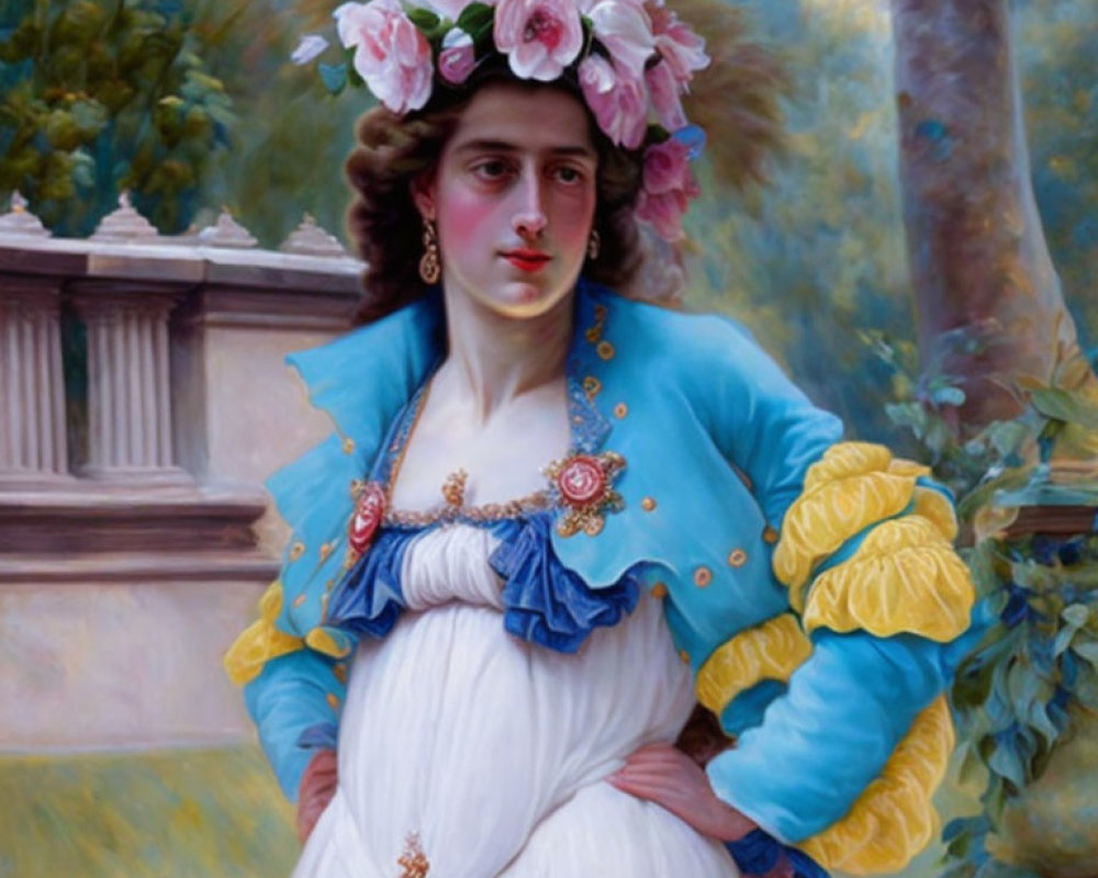 Portrait of a Woman in Period Attire with Blue Overcoat and Flower Hat