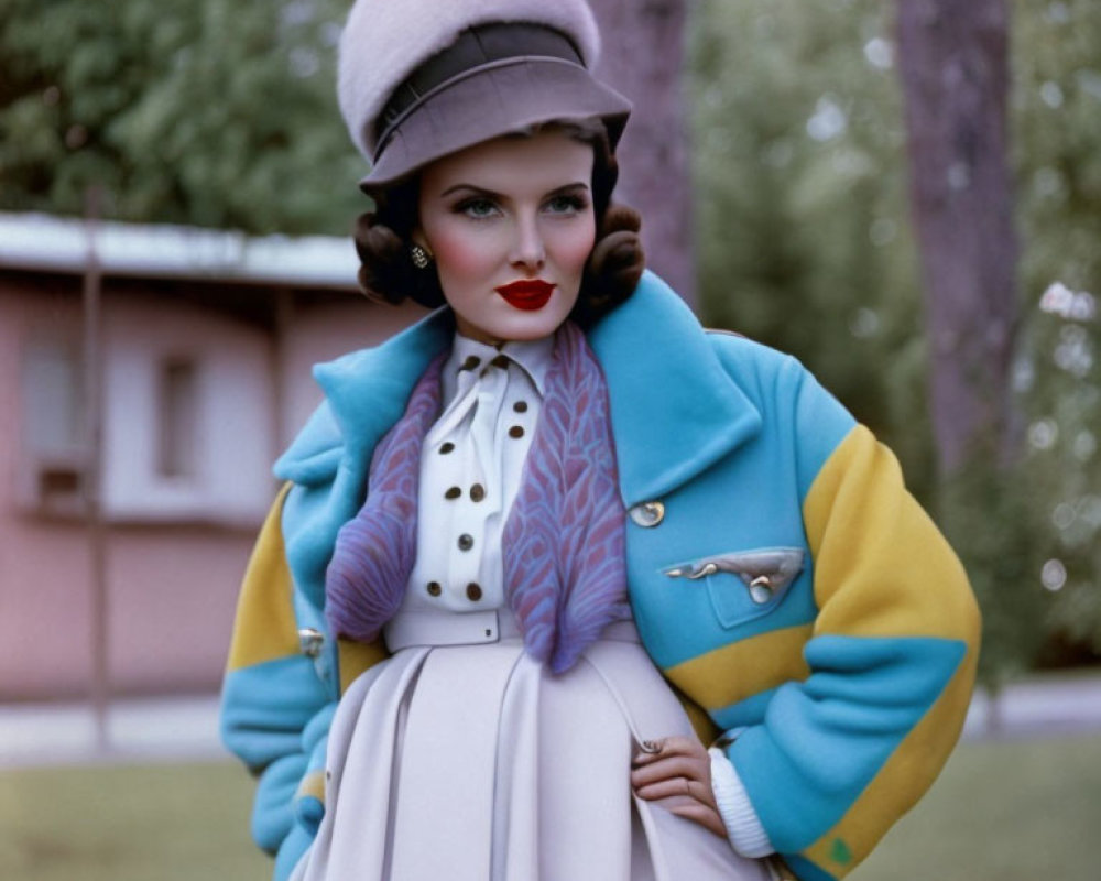 Vintage Outfit Woman Poses in Blue and Yellow Jacket