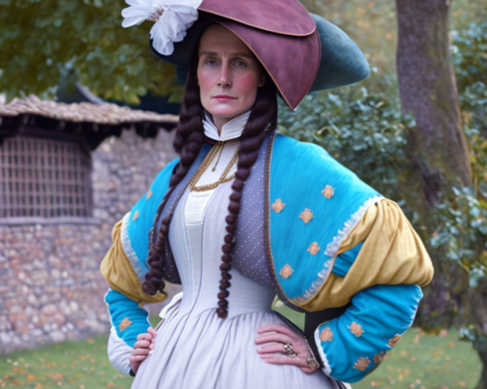 Historical woman in tricorne hat and puffed sleeves poses in garden setting