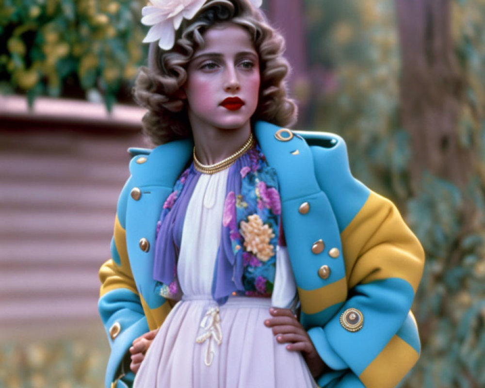 Vintage Makeup Woman in Blue Coat and Floral Dress Outdoors