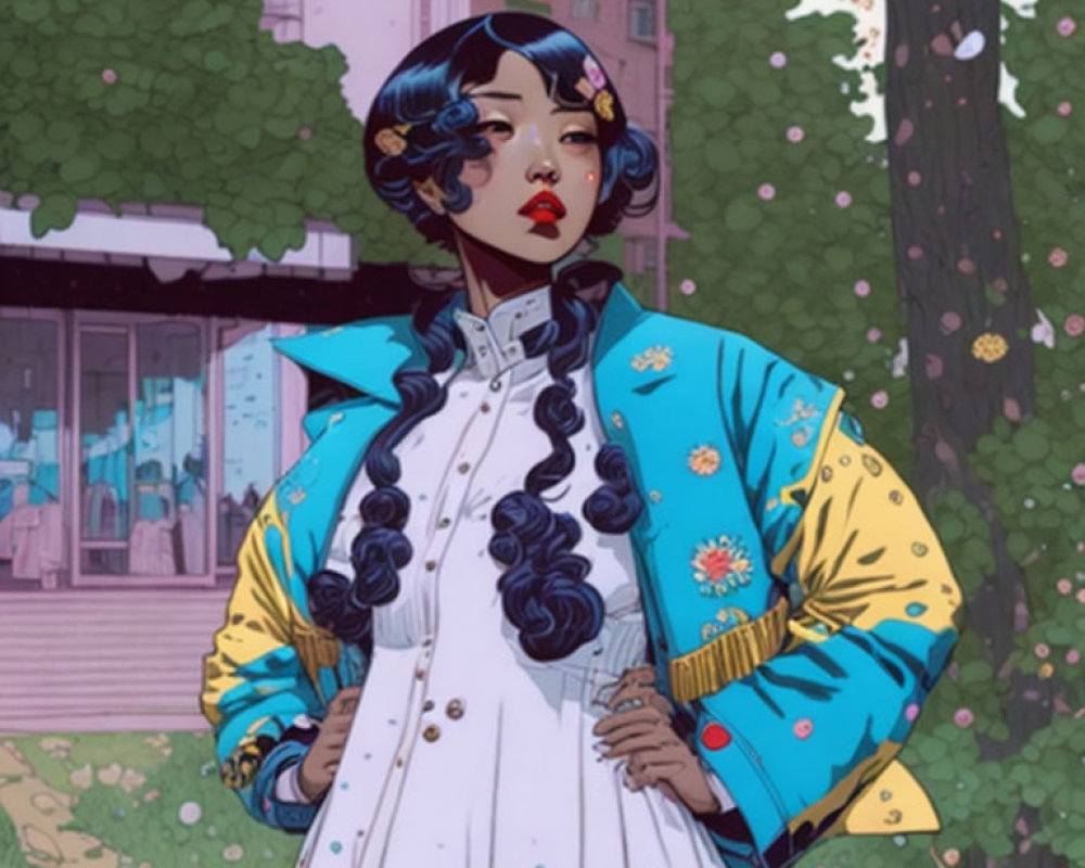 Illustrated woman with blue-black hair in braids wearing stylish white and blue floral jacket in urban park