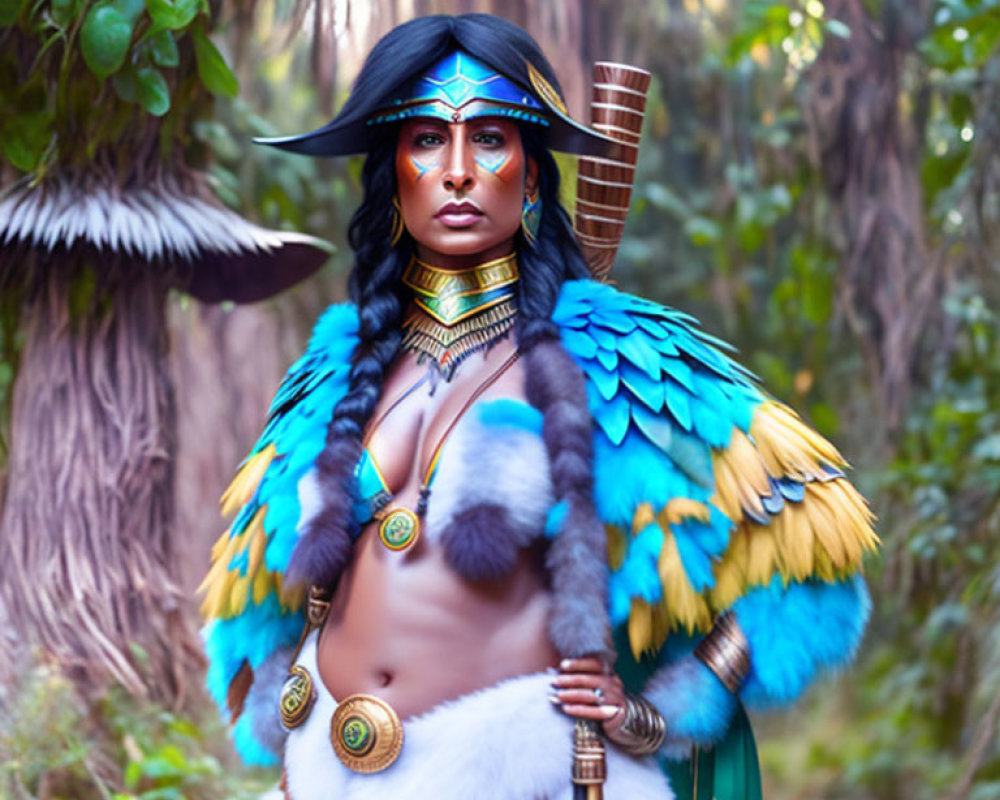 Elaborate Blue Tribal Attire with Feathered Headdress in Forest