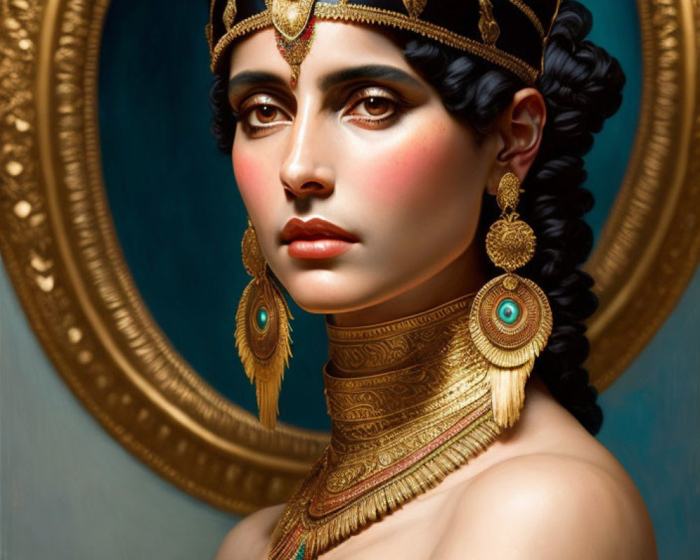 Illustrated woman with gold headdress and jewelry in regal attire and braided hair.