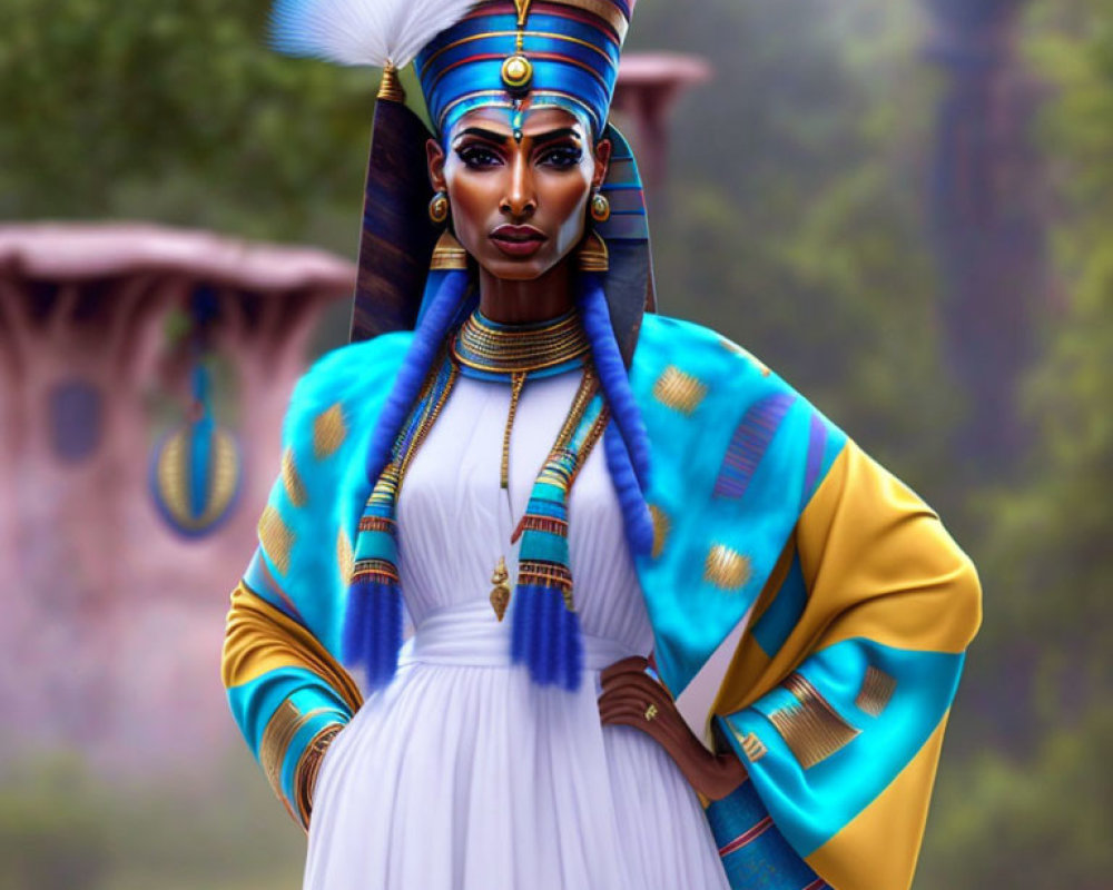 Elaborate Ancient Egyptian-Style Attire with Confident Pose