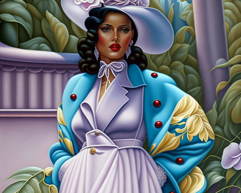 Illustration of woman in purple dress and blue jacket with red lipstick, dark hair, and wide-br