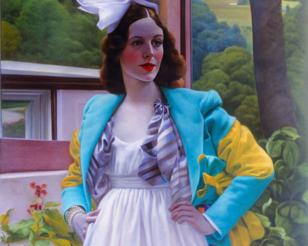 Woman in white dress with blue jacket and bow by open window overlooking green hills