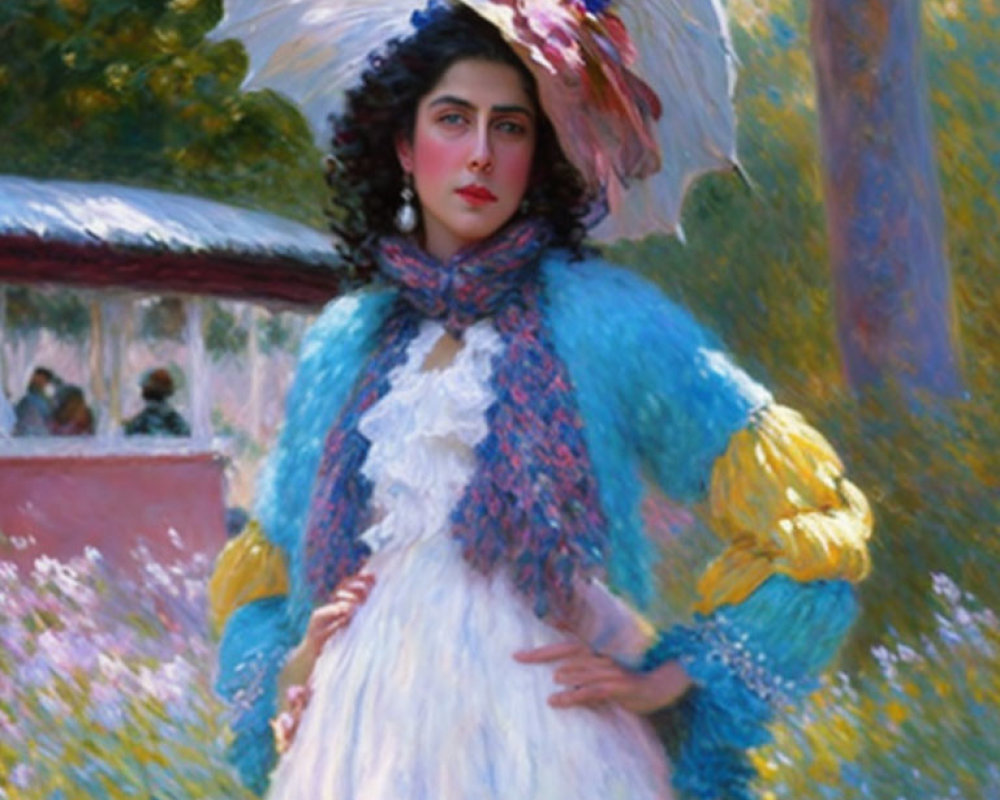 Woman in White Dress with Blue Shawl and Flower Hat Poses with Hands on Hips