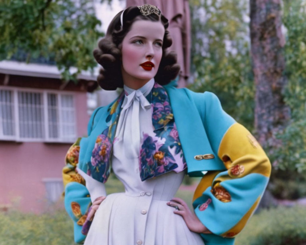 Vintage Fashion Woman in Floral Blouse, Blue Jacket, White Skirt & Tiara in Garden