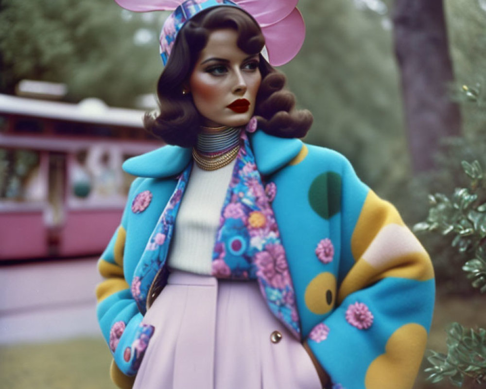 Vintage Woman in Colorful Floral Coat and Pink Skirt with Pink Tram Background