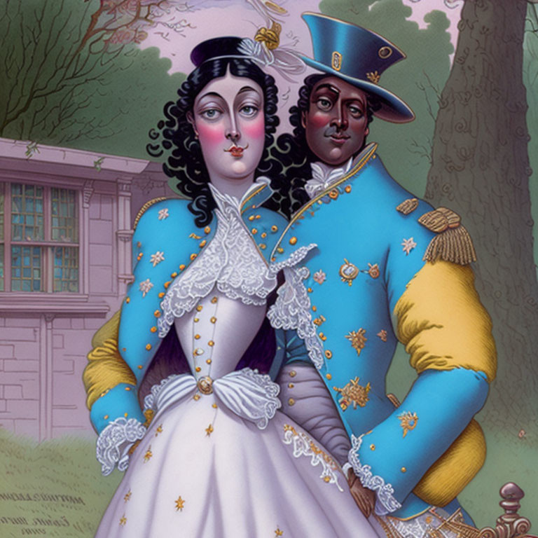 Illustration of woman and man in historical military attire embracing outdoors