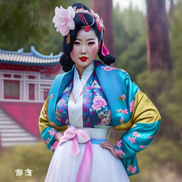 Traditional Japanese Woman in Blue and Pink Attire at Temple