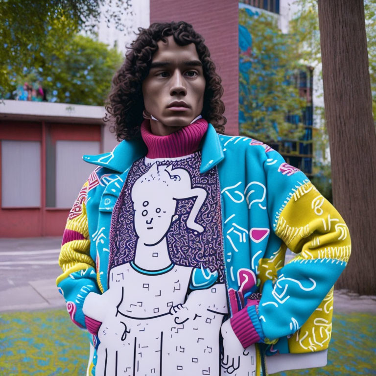 Curly-Haired Person in Vibrant Jacket and Pink Turtleneck Outdoors