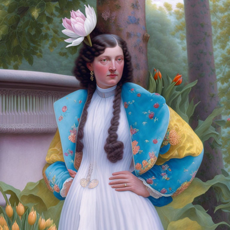 Portrait of Woman in Blue Traditional Outfit with Braided Hair in Garden Setting