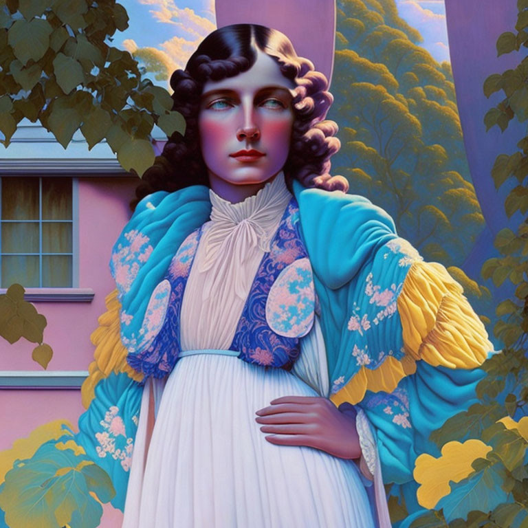 Stylized portrait of woman with wavy hair in white dress and blue scarf against pink house and