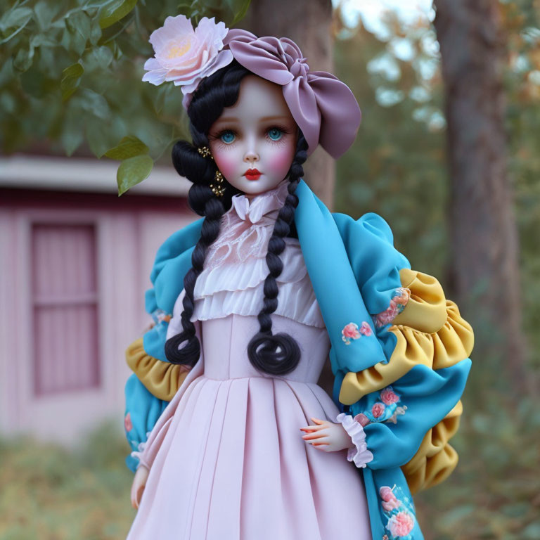 Detailed Doll with Blue Eyes, Braided Hair, and Victorian Dress in Outdoor Scene