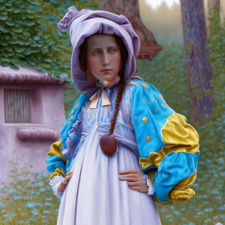 Elaborate Historical Costume with Puffy Sleeves and Purple Headpiece