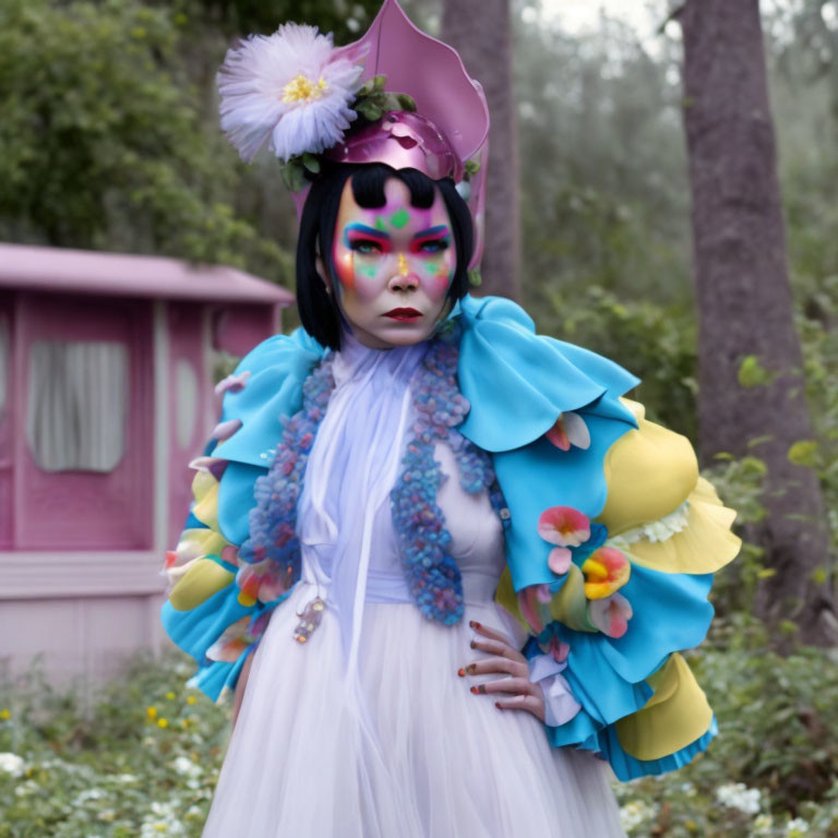 Avant-garde costume with pastel pink hat and vivid makeup against natural backdrop