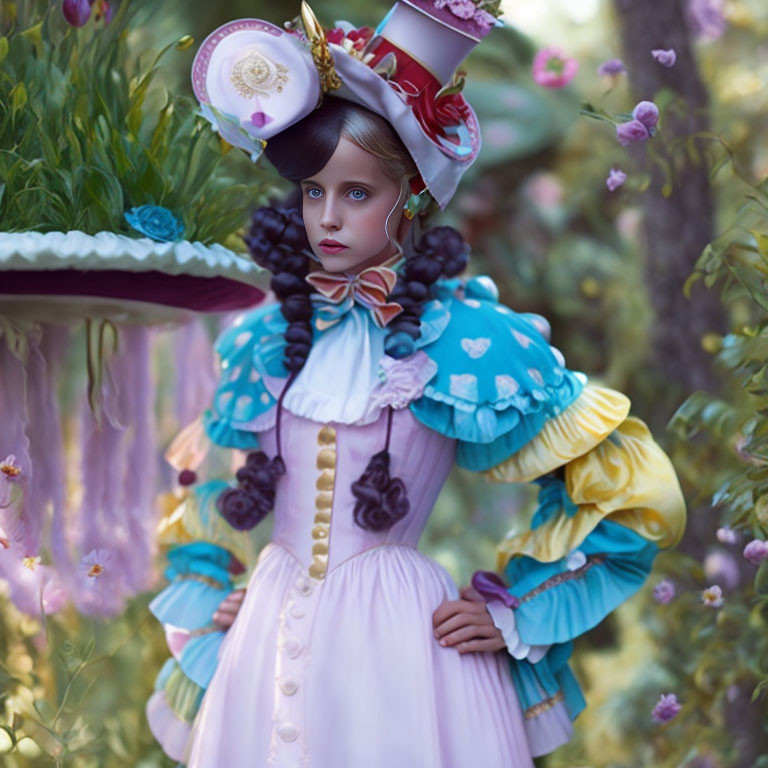 Whimsical surreal portrait of a girl in elaborate outfit