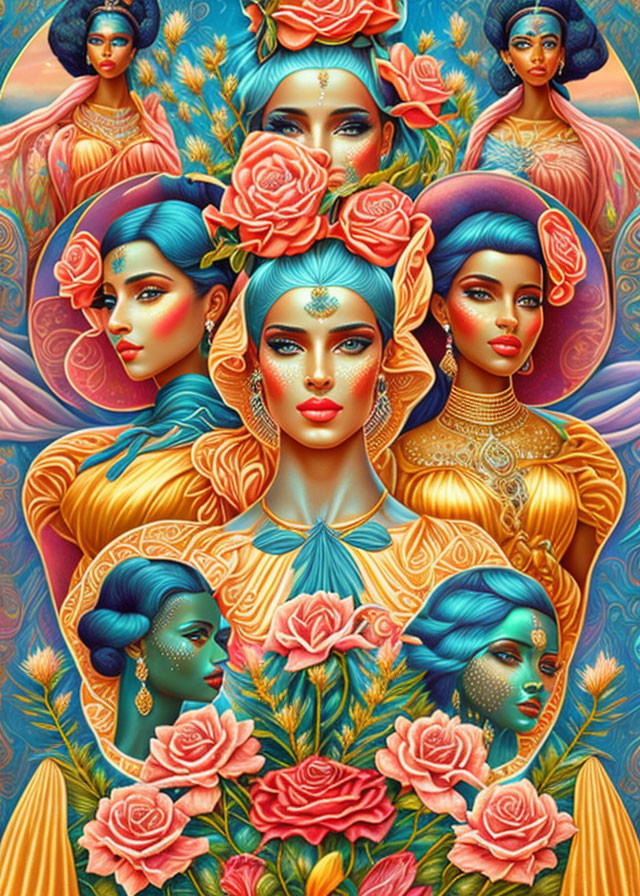 Symmetrical illustration of women with turquoise hair and gold jewelry among roses