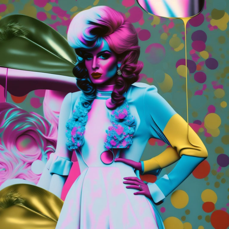 Vibrant digital art: Woman with pastel hair in retro outfit on colorful backdrop