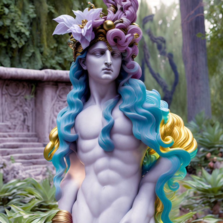 Colorful Classical Statue with Blue and Pink Hair and Golden Accents