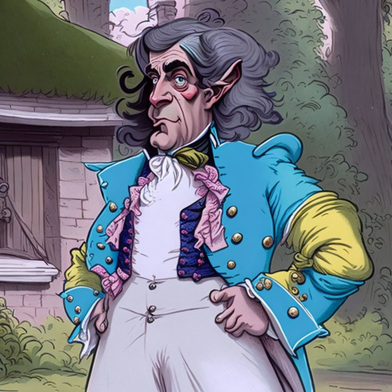 Animated character with pointed ears in blue and yellow coat by a building