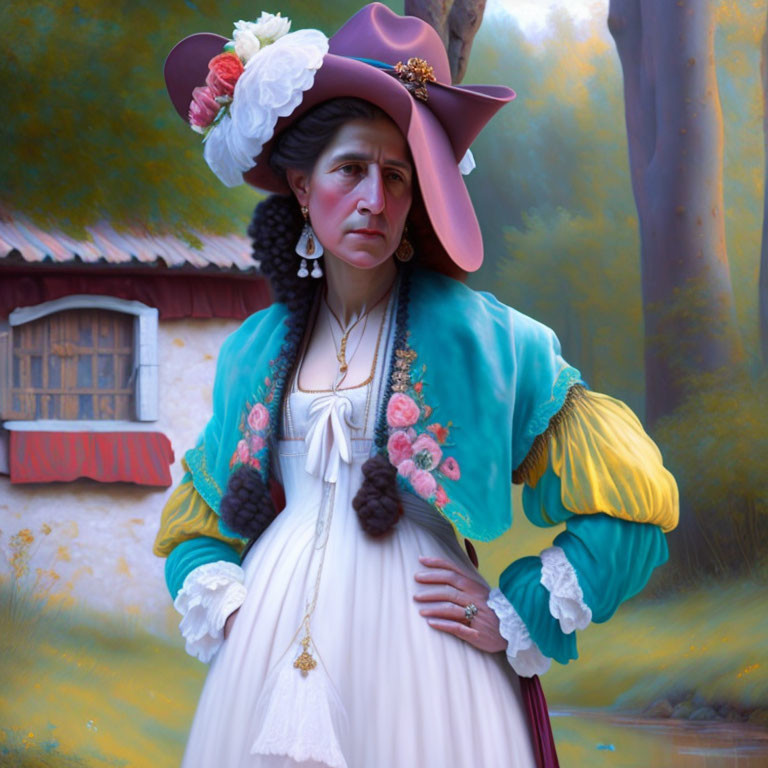 Historical woman with large floral hat and embroidered turquoise jacket