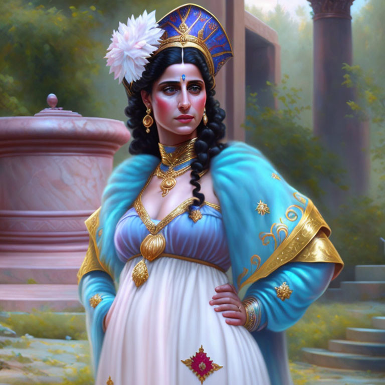 Regal woman in historical clothing with blue and gold headdress and intricate jewelry in misty garden setting