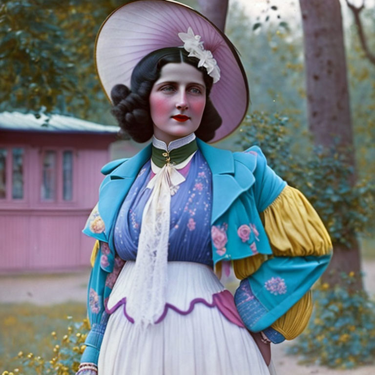 Vintage woman in wide hat, blue jacket, yellow gloves, and choker in natural setting