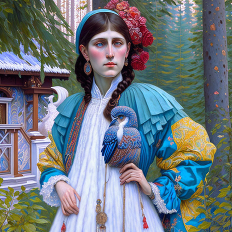 Woman with Braided Hair Holding Blue Bird in Nature Scene with Traditional Dress