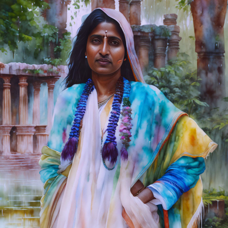 Portrait of Woman in Traditional Attire Against Nature Background