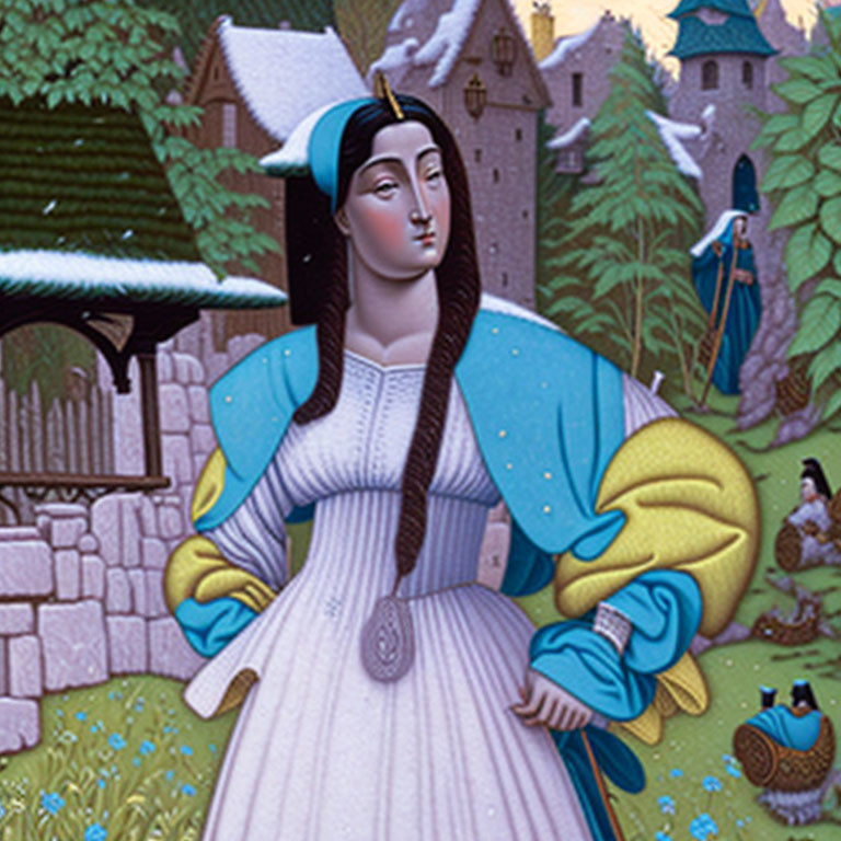 Medieval woman in blue cape in garden with chickens, well, and castle.