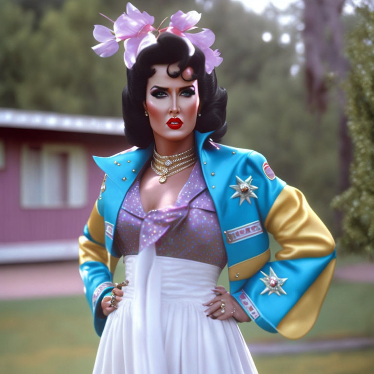 Stylized image of person with dark vintage hair, bold makeup, colorful star jacket, white dress