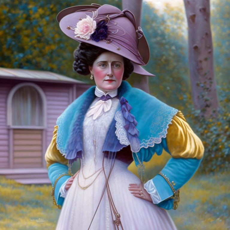 Vintage Woman in Large Hat Poses in Garden Setting