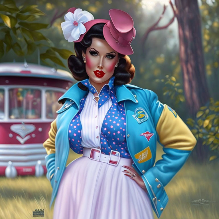 Vintage-inspired woman illustration in 1950s outfit with pink hat, blue jacket, polka-dot