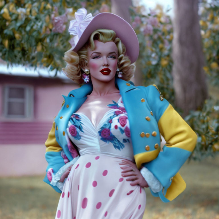 Colorful Portrait of Woman in Wide-Brimmed Hat and Floral Outfit