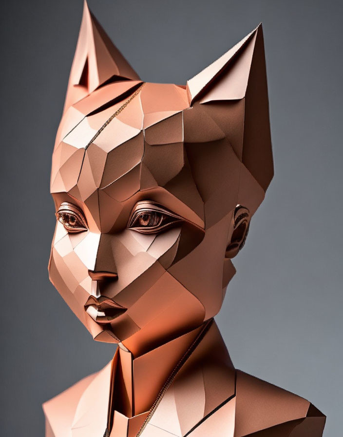 Polygonal Copper Cat-Human Hybrid Sculpture in 3D