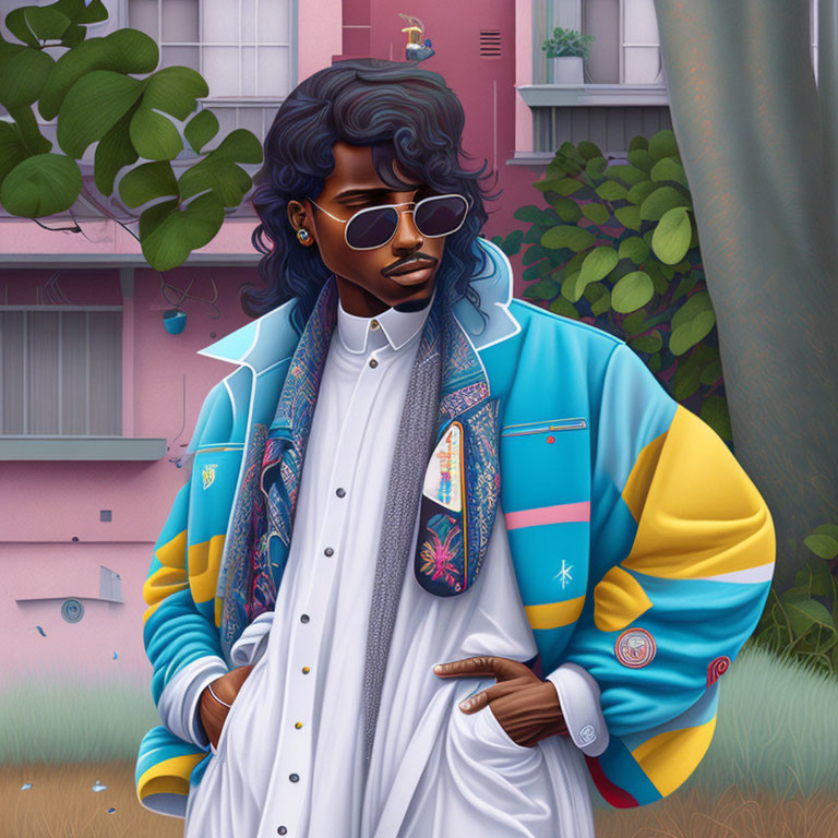 Animated character with sunglasses and colorful jacket in front of pink building