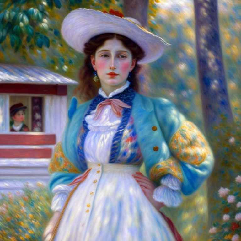 Impressionistic painting of woman in white dress and hat with blue ribbon outdoors.