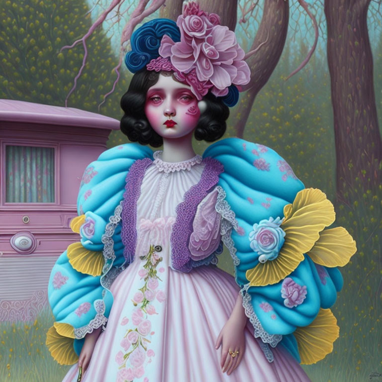 Surreal portrait of girl with porcelain skin in blue puffed sleeves, surrounded by pastel forest