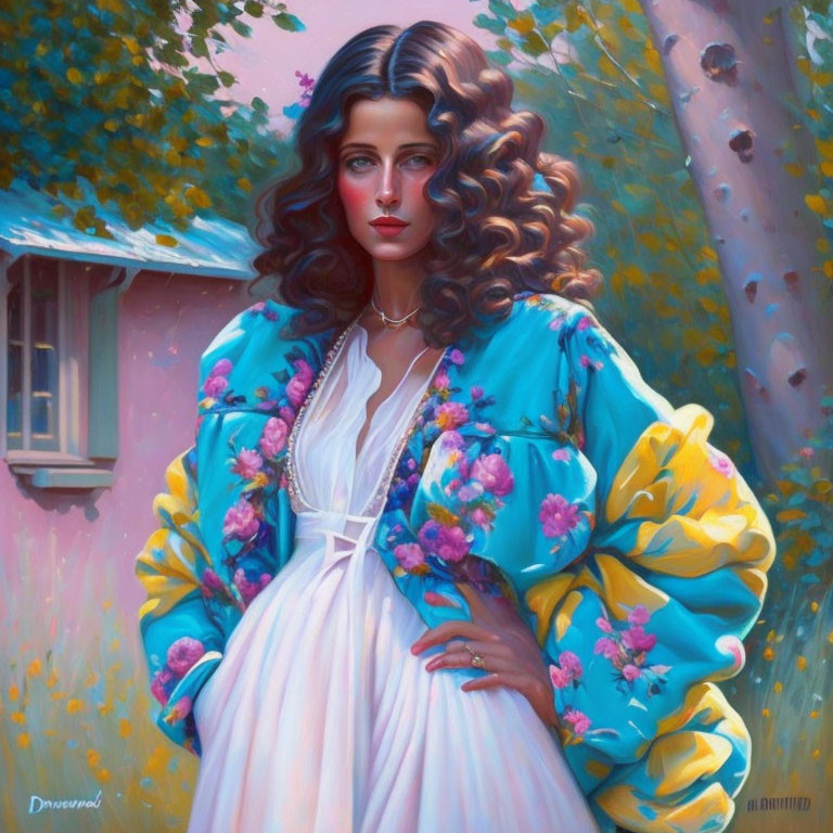 Curly-haired woman in white dress and blue kimono in pastel garden.