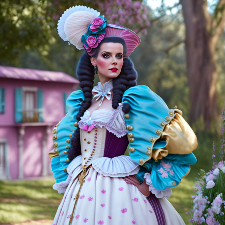 Elaborate baroque costume with wide-brimmed hat outdoors