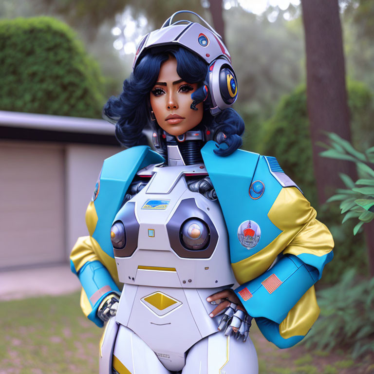 Futuristic blue and yellow Overwatch cosplay suit with detailed armor and helmet