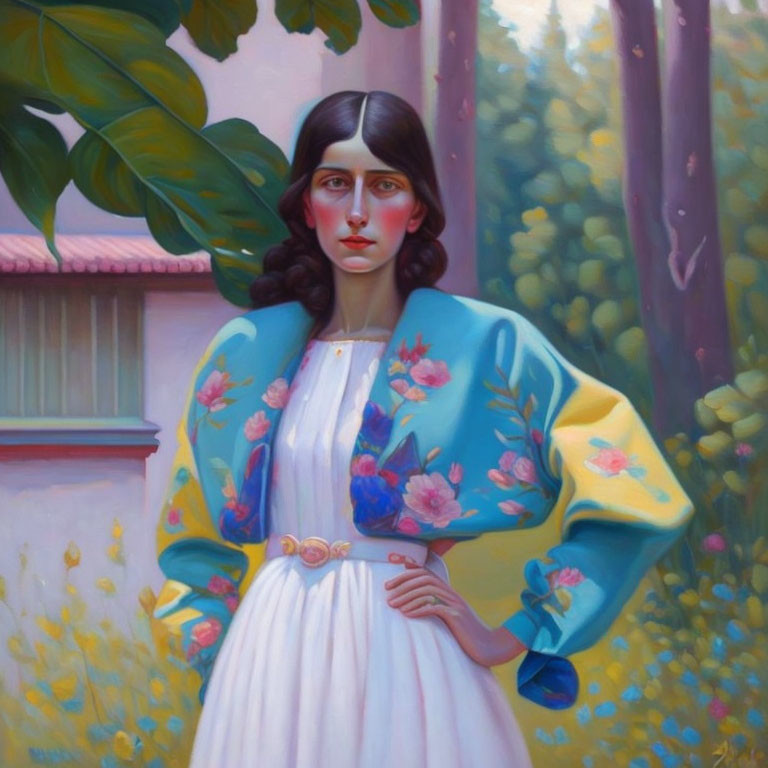 Portrait of Woman in White Dress with Blue Floral Jacket in Garden