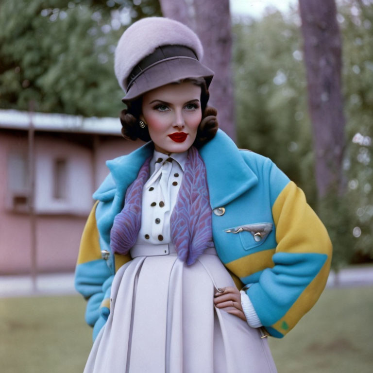 Vintage Outfit Woman Poses in Blue and Yellow Jacket