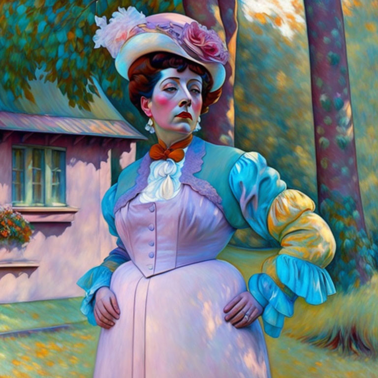 Vintage Attired Woman Beside Trees in Dreamlike Painting